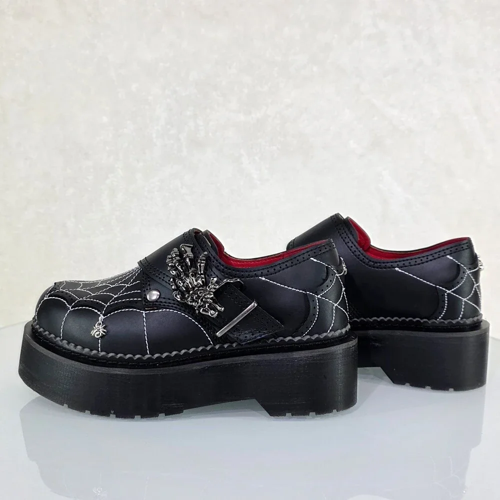 NIB Rebel Goth Punk Oxford Shoes Spider Charms Web Stitching Cryptic Hand Buckle - Picture 5 of 14